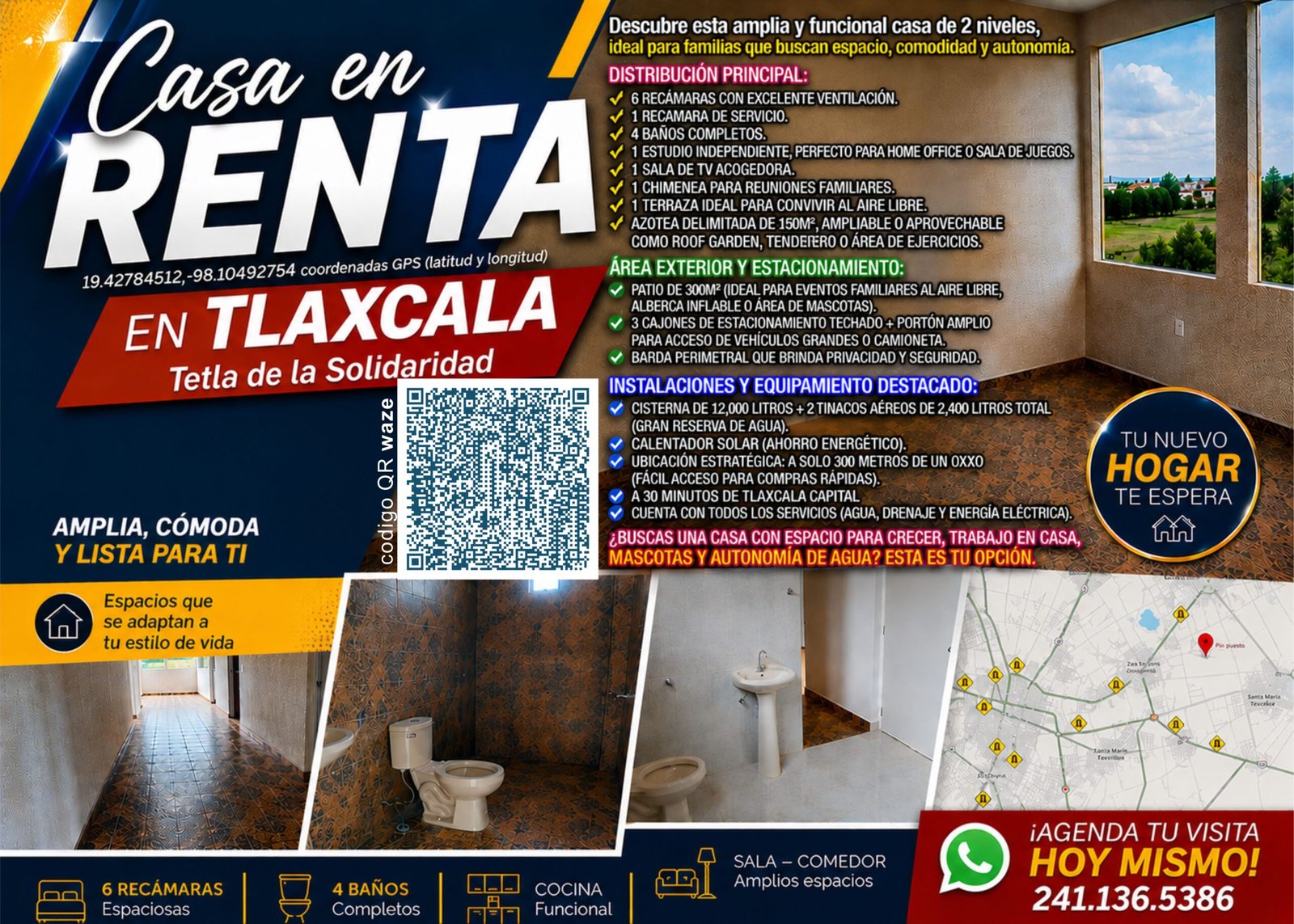 Renta de casa en Tetla de la Solidaridad, Tlaxcala. Fotos de la propiedad y lista de características principales.